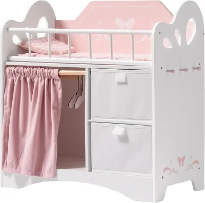Lit de poupée rose en bois avec literie