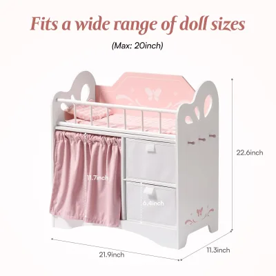 Lit de poupée rose en bois avec literie – image 2
