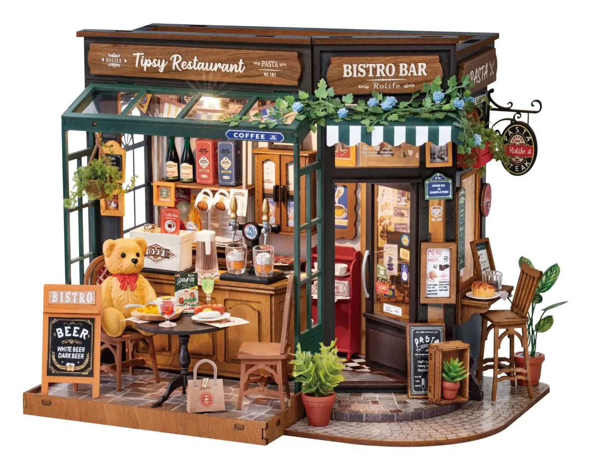 Maison miniature bistrot en bois, puzzle 3D