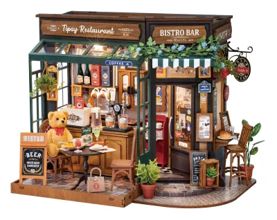 Maison miniature bistrot en bois, puzzle 3D