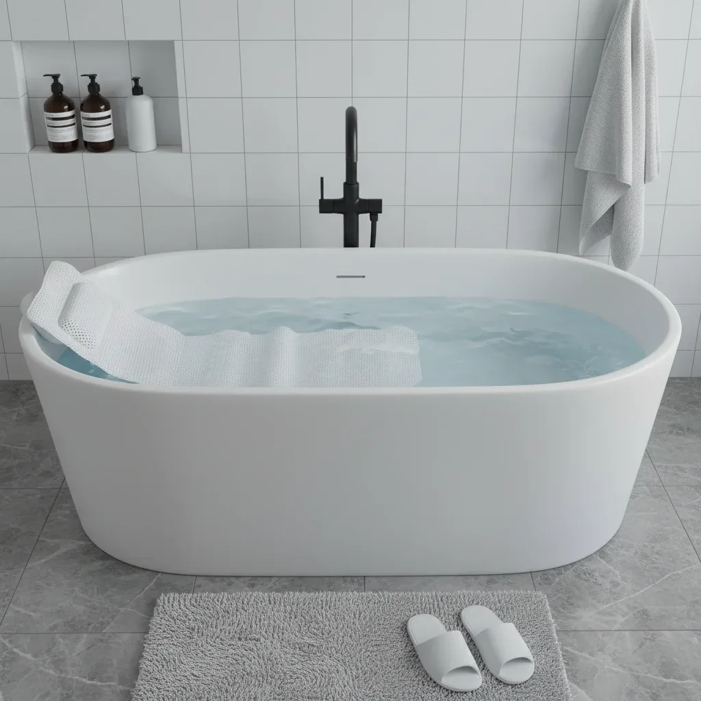 Tapis de bain blanc alvéolé avec coussin